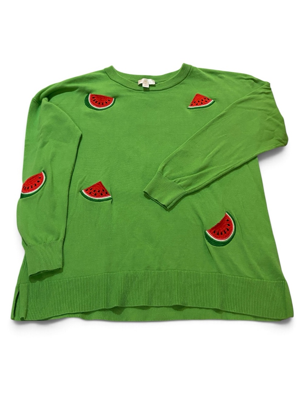 Belle Kim Gravel Lime Green Sweater with Watermelon Appliqué Medium